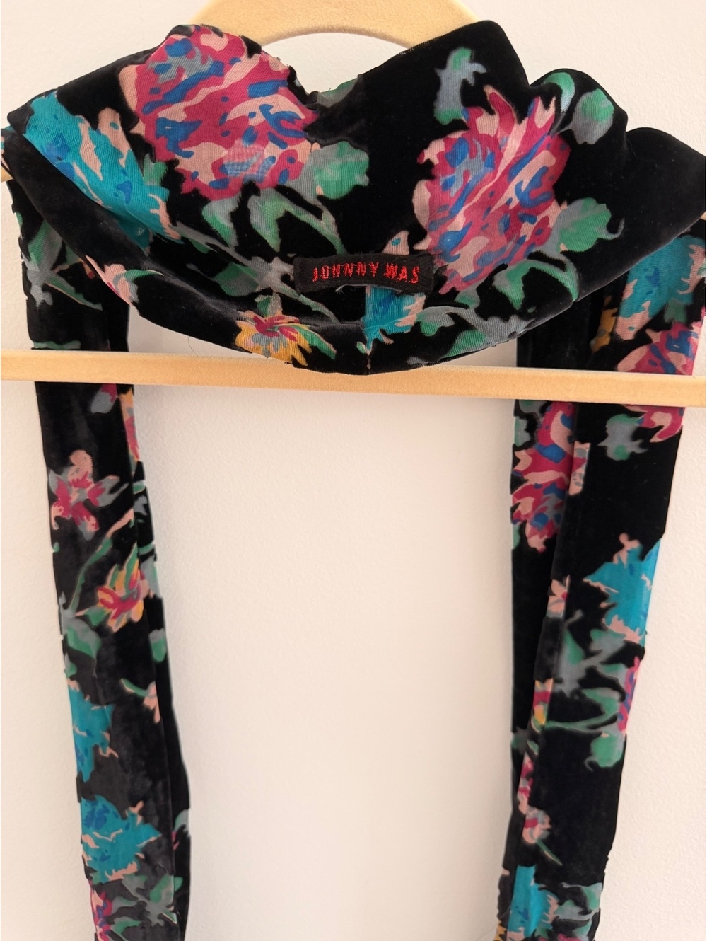 Johnny Was Black Velvet Floral Scarf with Fringe